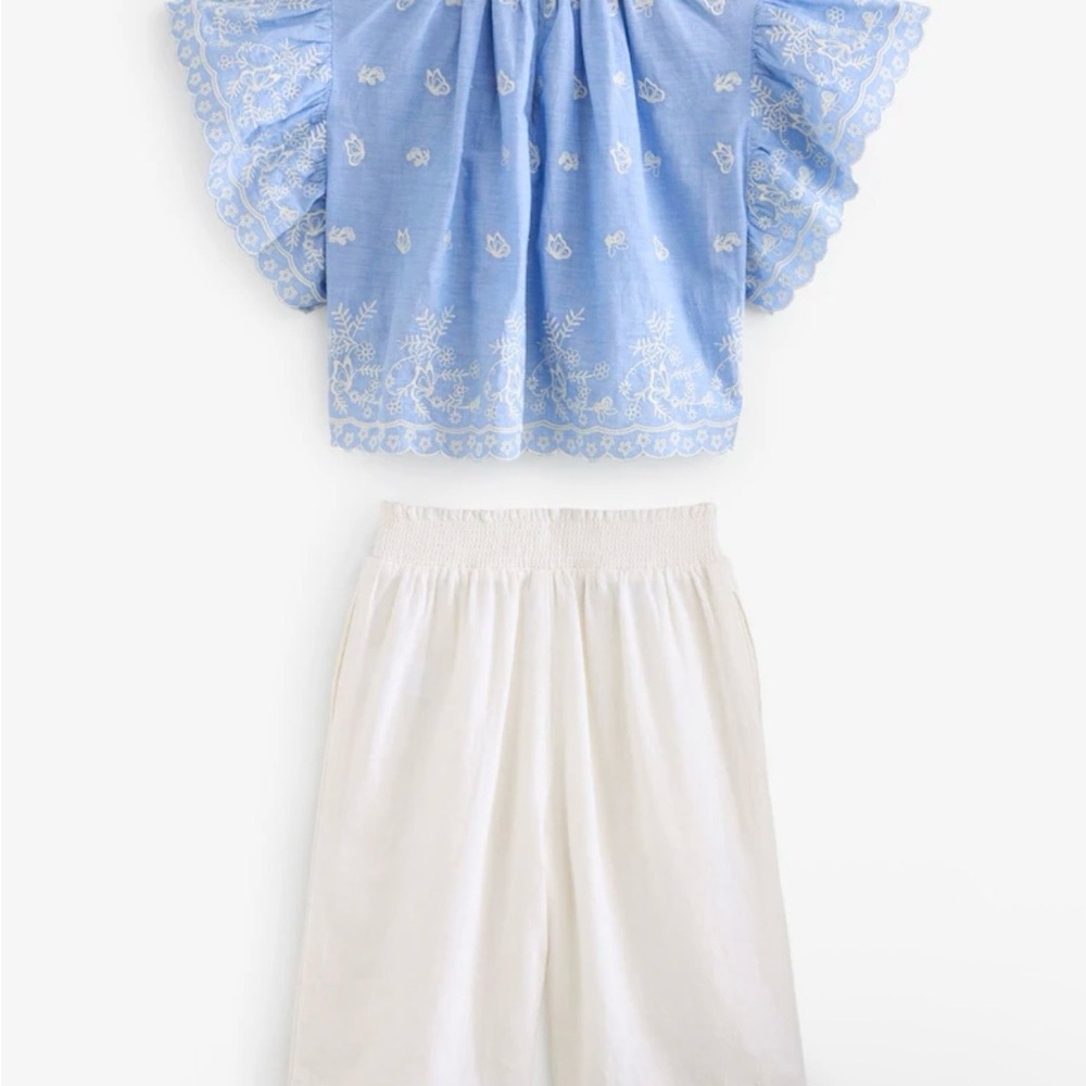 Blue Embroidered Blouse And Trousers Set